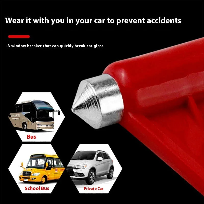 Red emergency window breaking hammer with steel striking tip on white background
