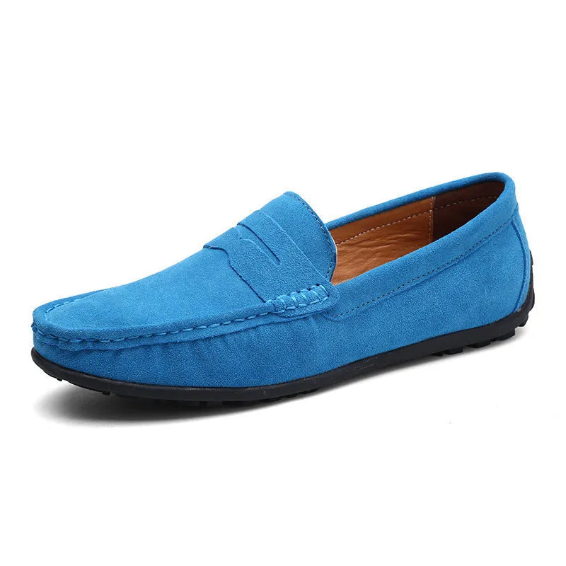 Men's brown suede Gommino loafers with round toe and flat rubber sole, plus size