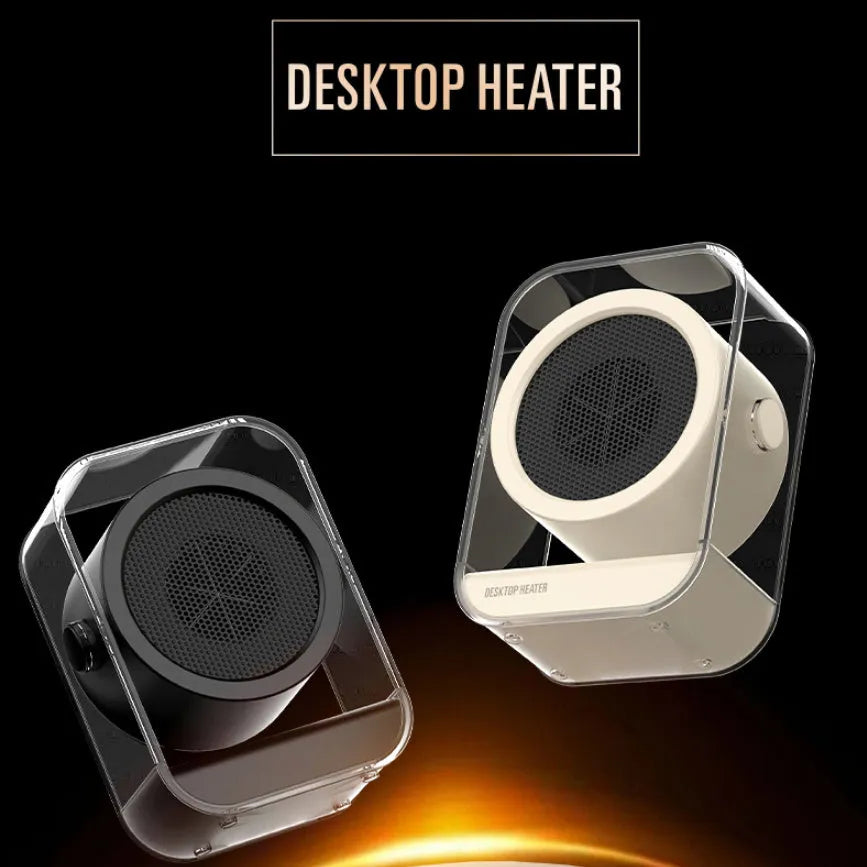 Beige desktop heater with two fan speed buttons and front grille, 196x266mm, 500W