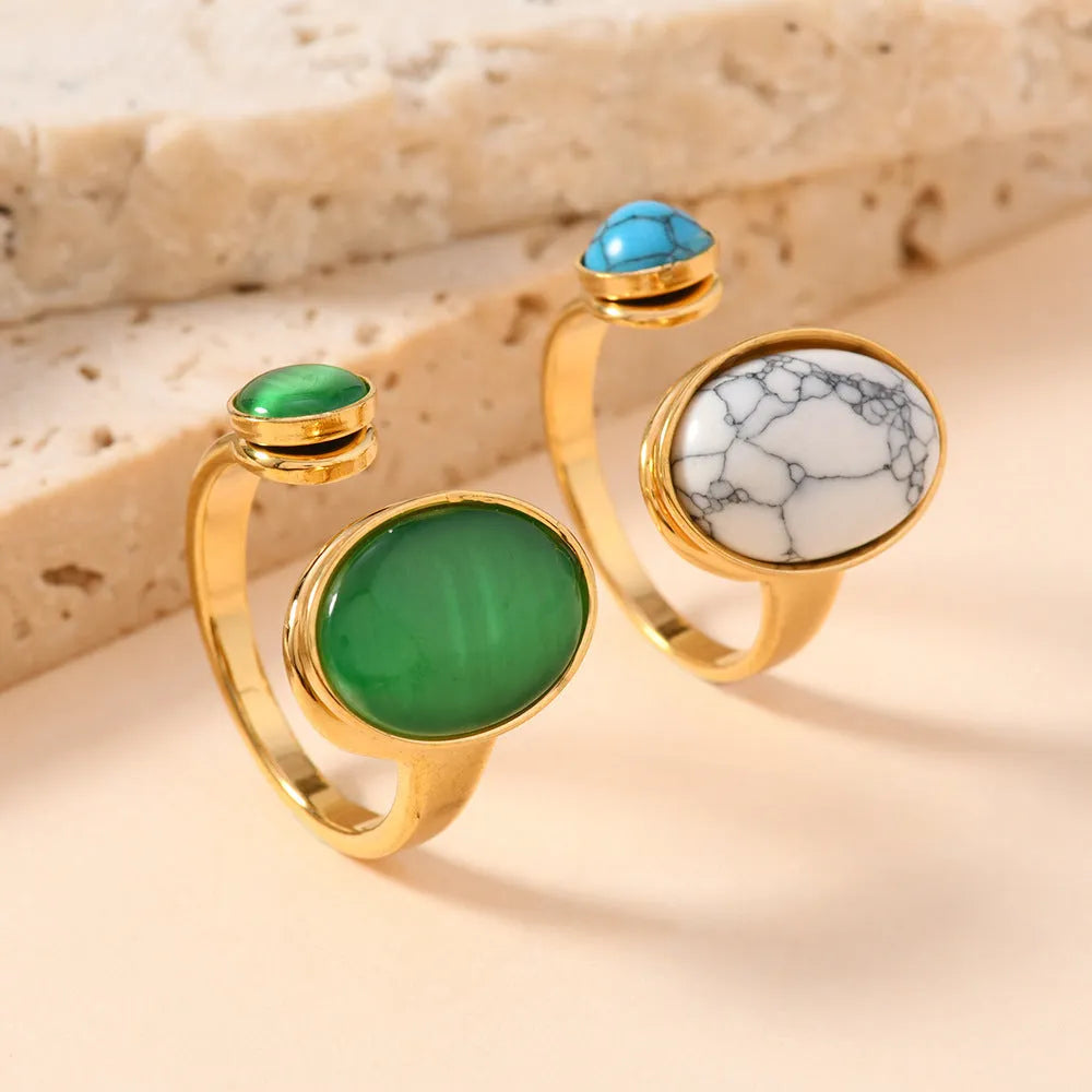 Oval natural stone ring on stainless steel band, geometric design, free size, green and white blue colour options
