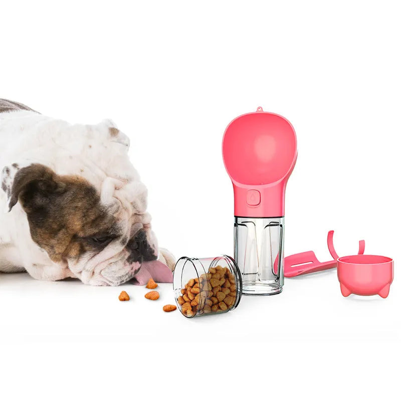 Pet multi-functional water bottle 300ml in yellow with built-in waste bag compartment and side shovel