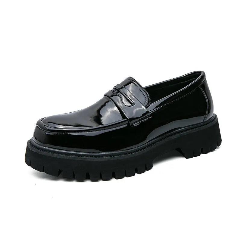Black platform height-increasing loafers for men, solid colour, mid heel 3-5 cm, PU sole, matte finish