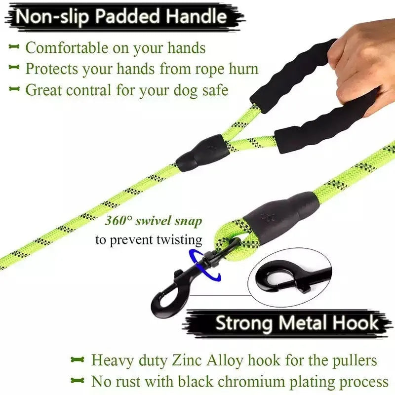 Small medium dog luminous leash chain reflective nylon 1.5m length blue colour padded handle training lead