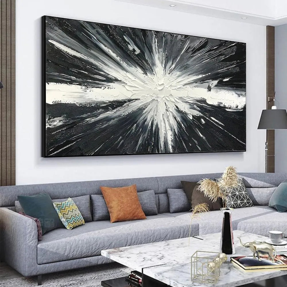 Abstract hand painted oil painting on canvas, black and white texture, horizontal orientation, for living room wall decor