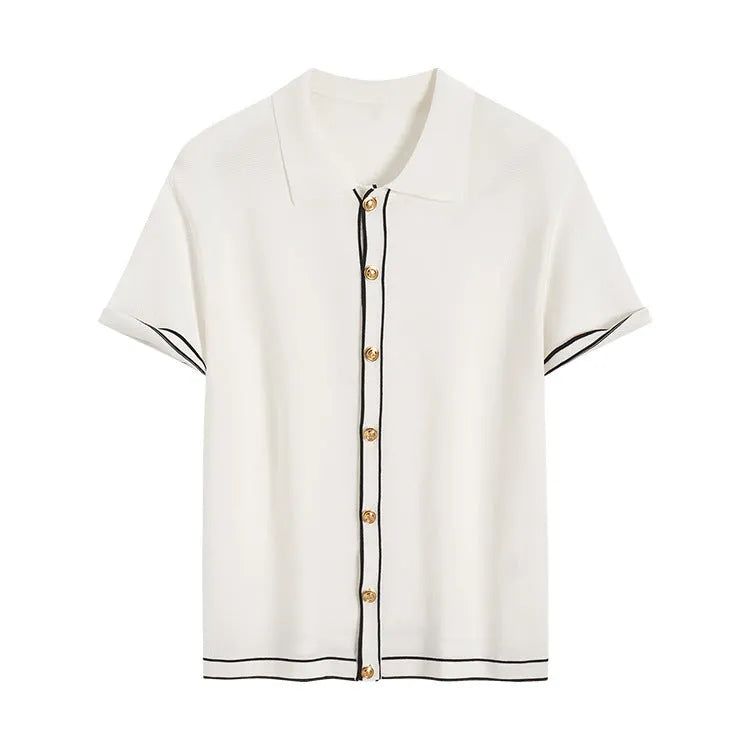 White short sleeve cardigan with contrasting lapels laid flat