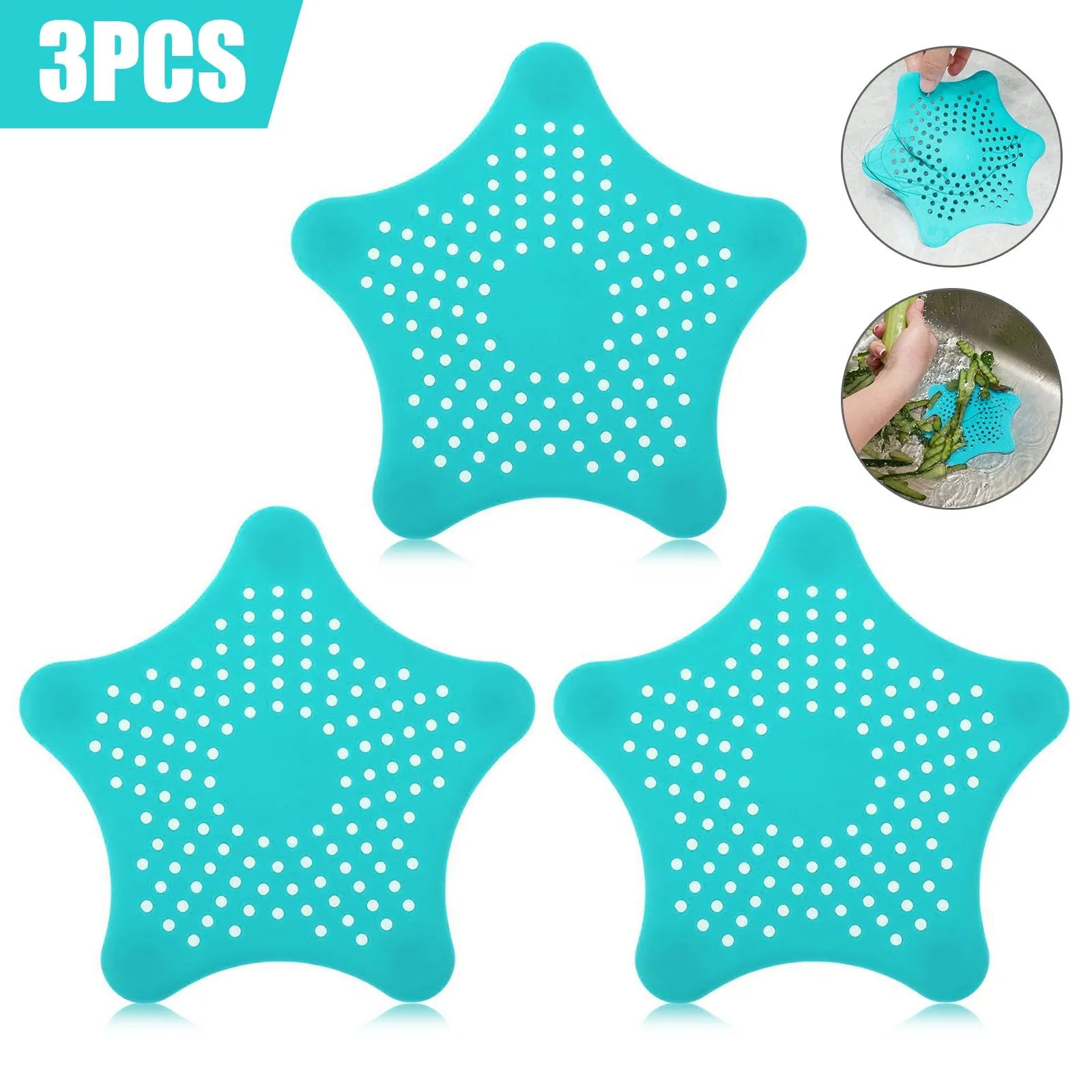 Three starfish-shaped TPR sink drain filters in blue, green, and white on a bathroom sink