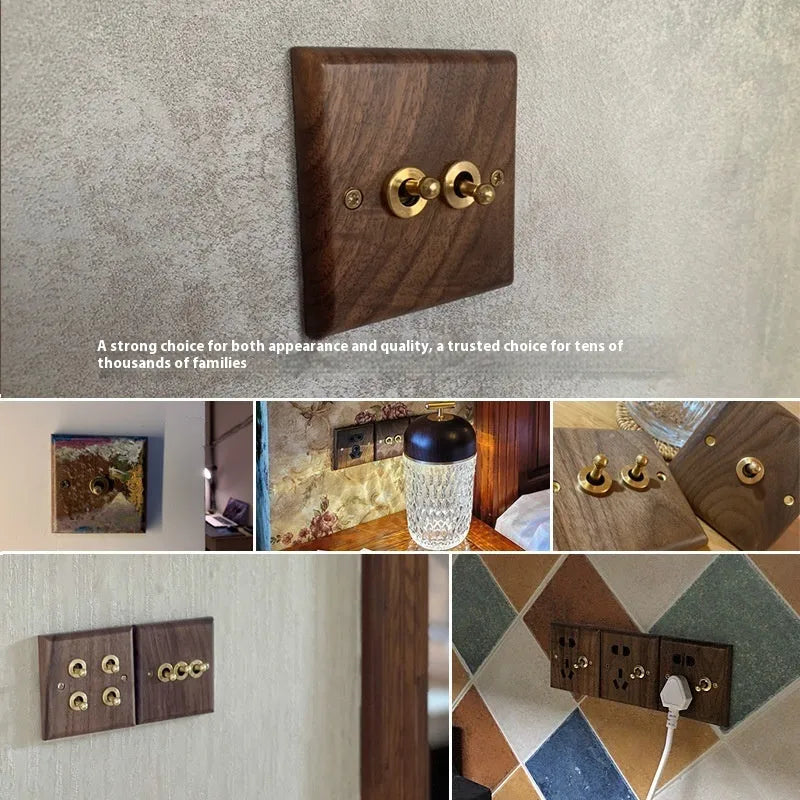 Black walnut solid wood panel brass work driving arm dual control switch socket in walnut colour