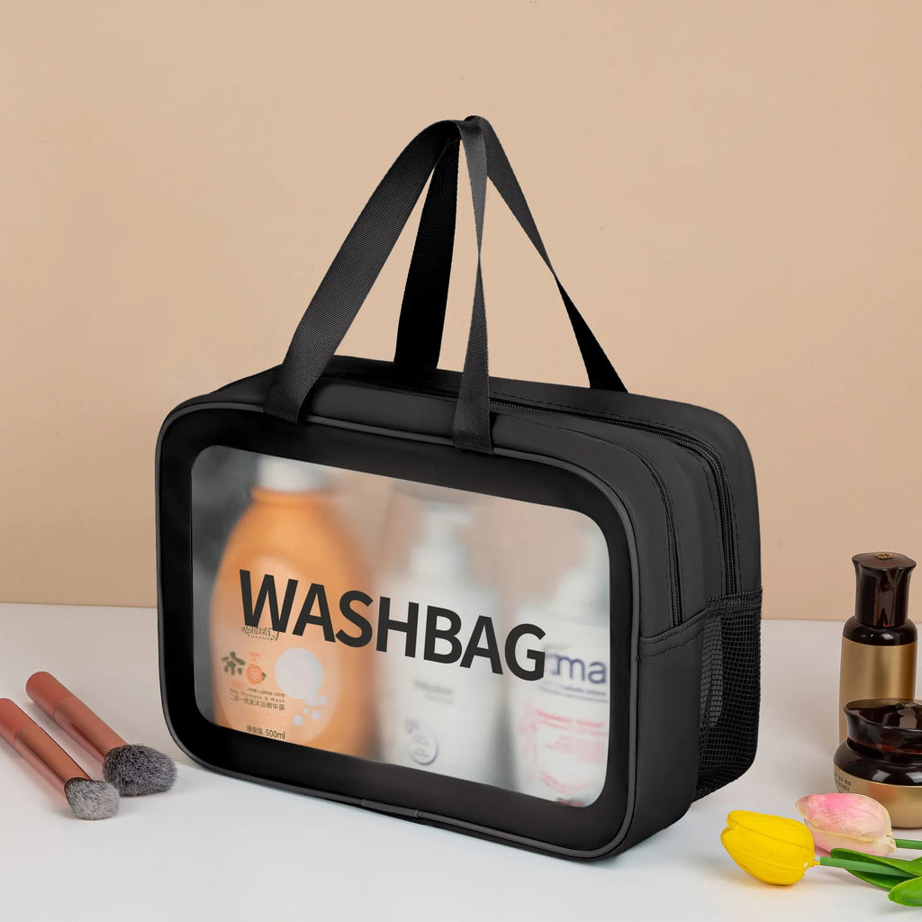 Large PVC transparent cosmetic bag three-piece set in various colours including beige, black, blue, pink, and white, empty and open on a flat surface
