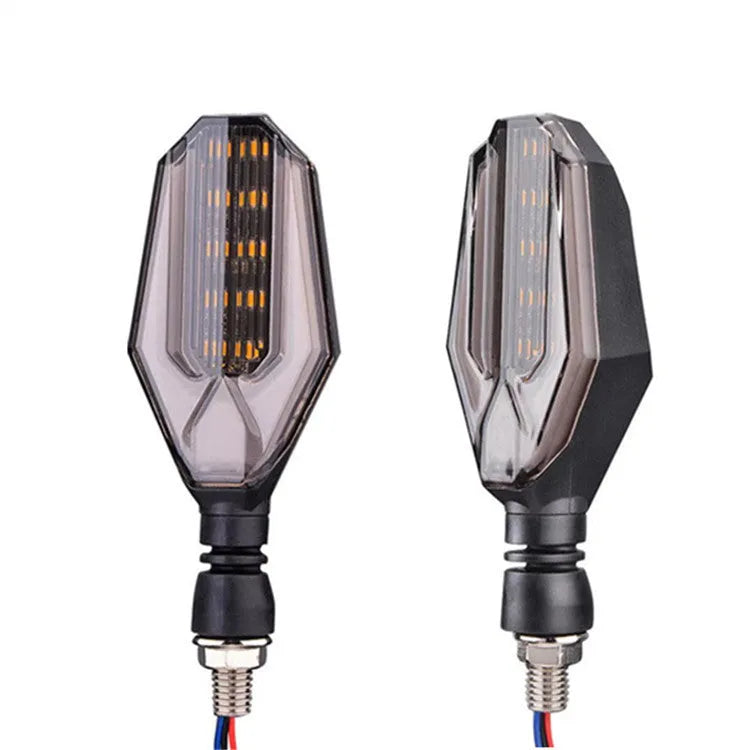 Motorcycle modified two-colour light guide 30 LED steering indicator signal set showing light guide colours