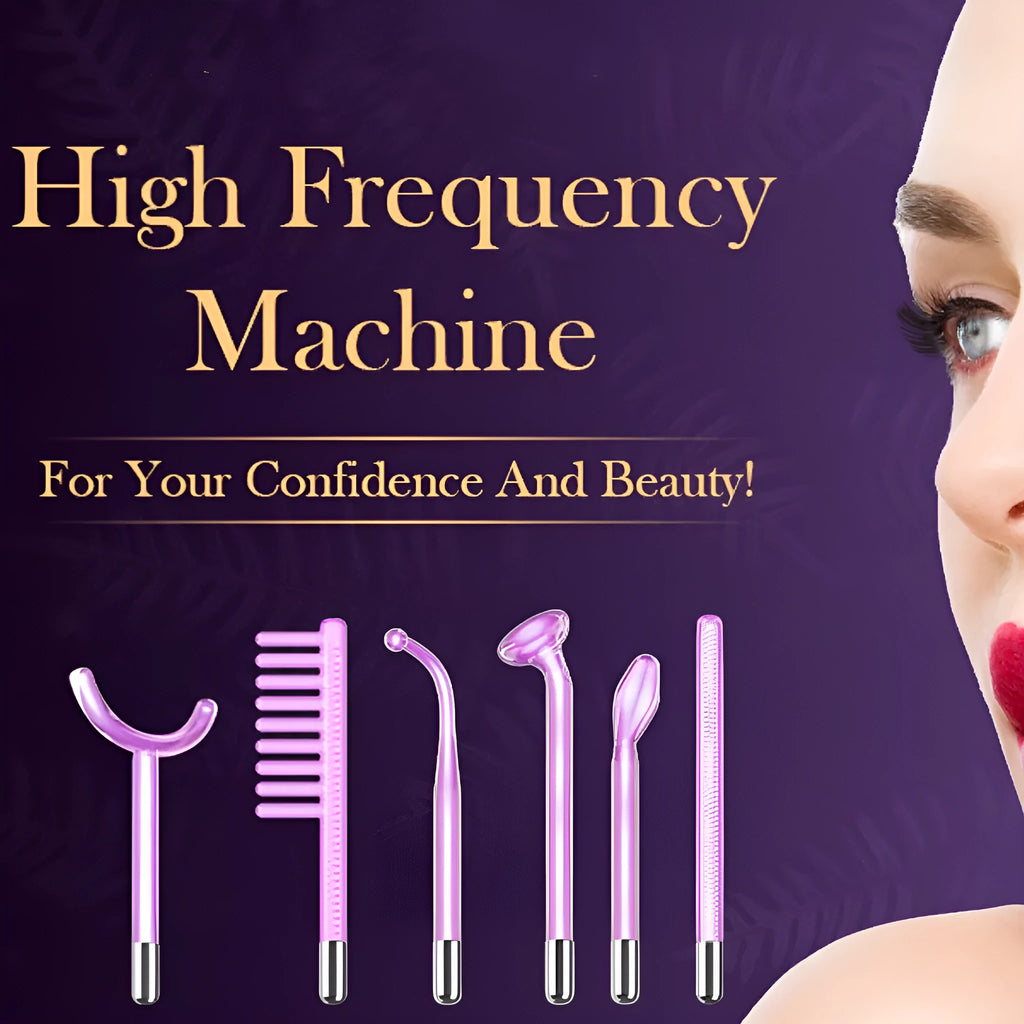 Purple high wave electrotherapy rod beauty instrument with six accessory heads and multi-standard plugs