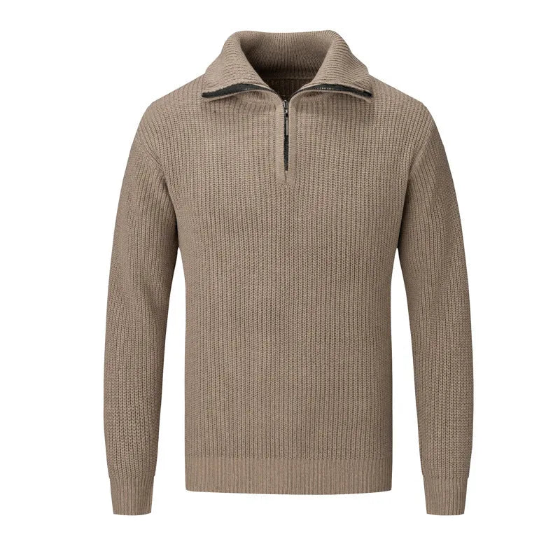 Men's solid colour loose fit slim pullover sweater on hanger showing black, camel, dark grey, and white/grey colour options
