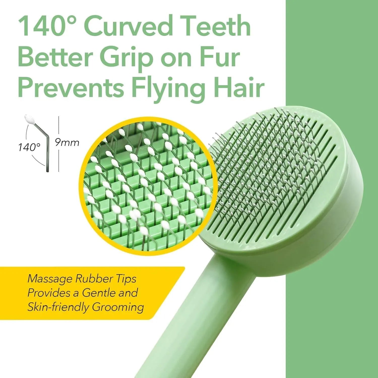Green and yellow pet grooming brush with stainless steel teeth and a hanging loop for storage.