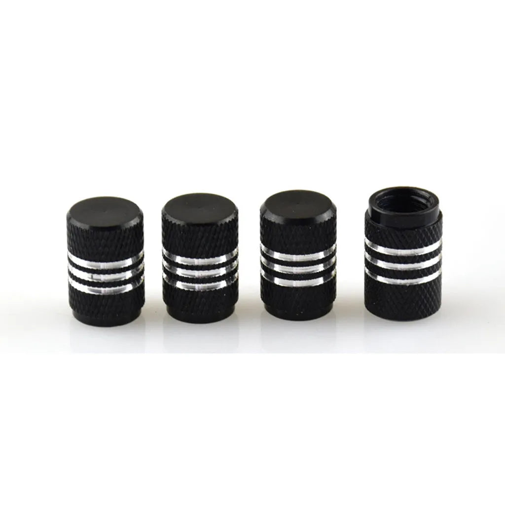Set of stainless steel car tyre valve caps in assorted colours: black, red, blue, gold, silver, green, purple, sky blue, grey, orange.
