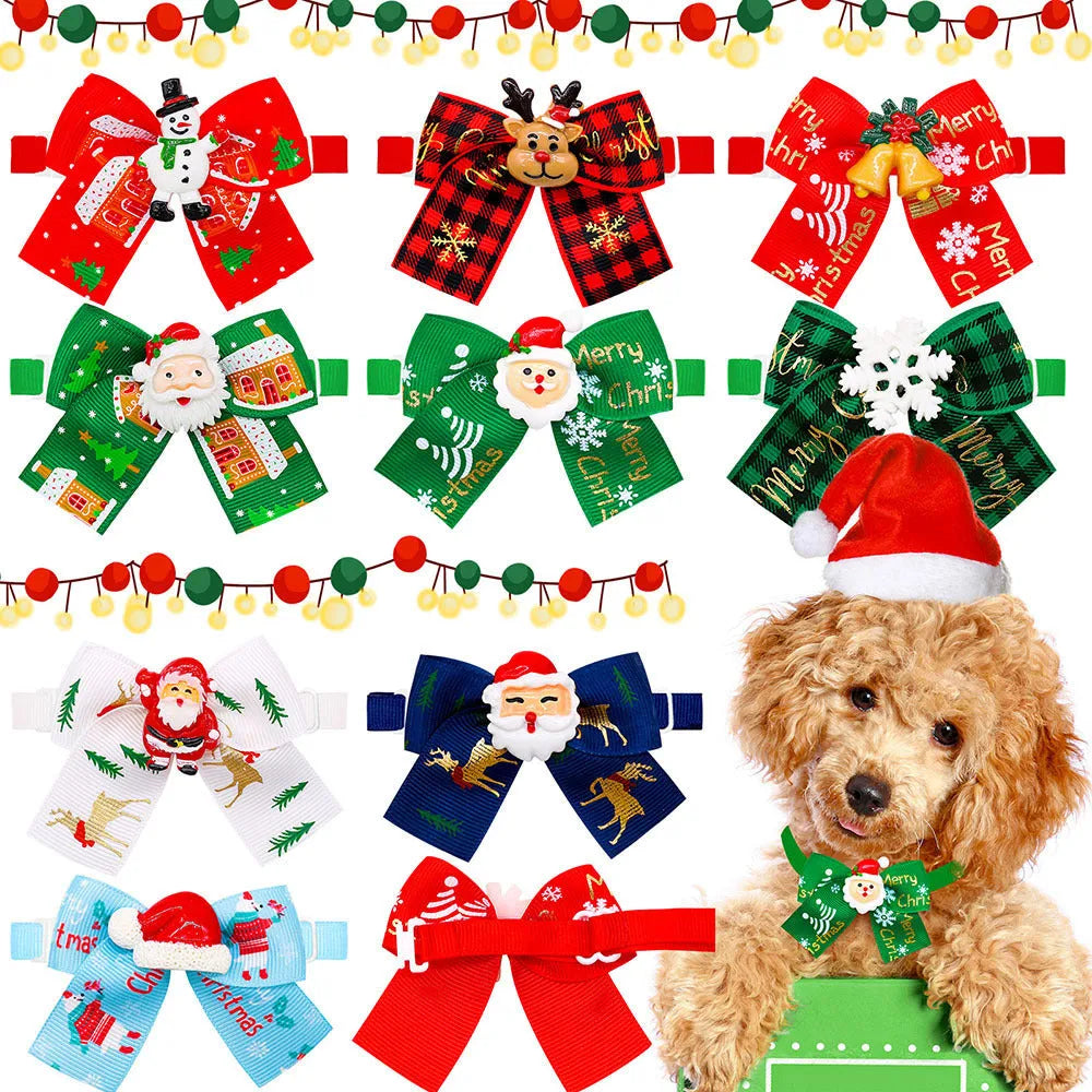 Red and green British style polyester bow tie accessory with elastic band for pet, doll or Christmas tree.