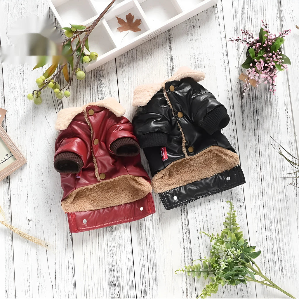 Red British-style PU leather pet coat with fleece lining for cats and dogs