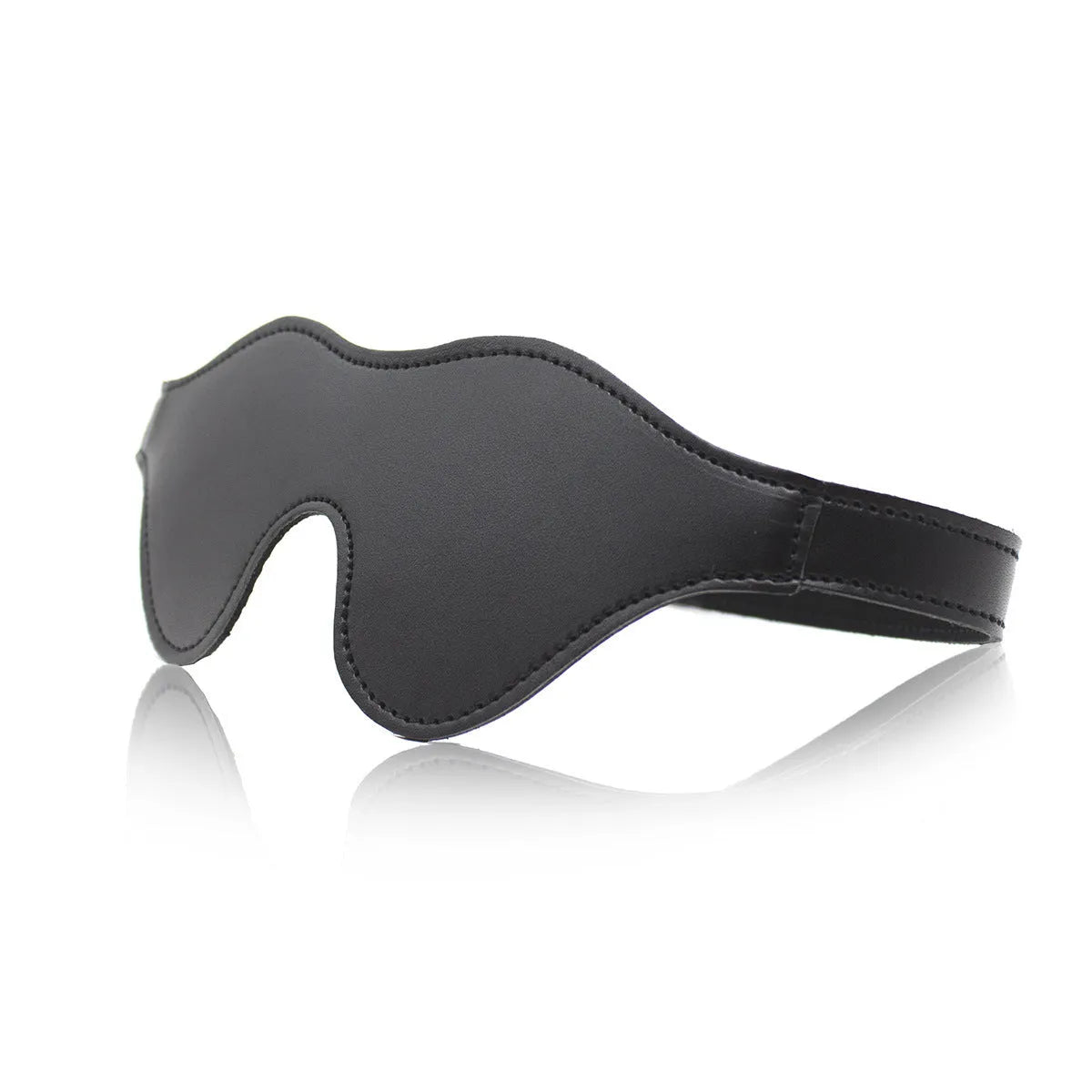 Women's black PU leather three-dimensional eye mask with Velcro strap and metal buckle closure.