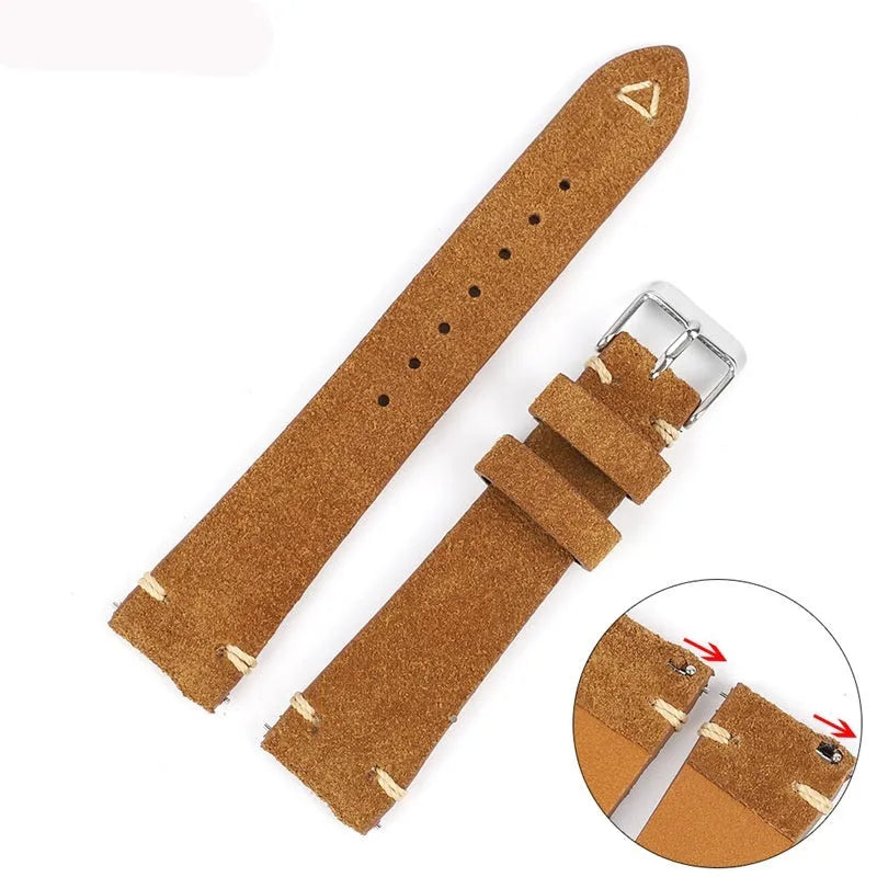 Genuine suede leather watch strap in Army Green, shown alongside brown, blue, and grey options for 20mm and 22mm watches.