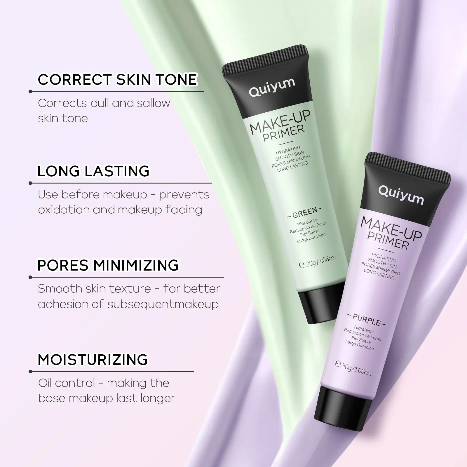 30g moisturising colour correcting makeup primer in green, pink, and purple shades