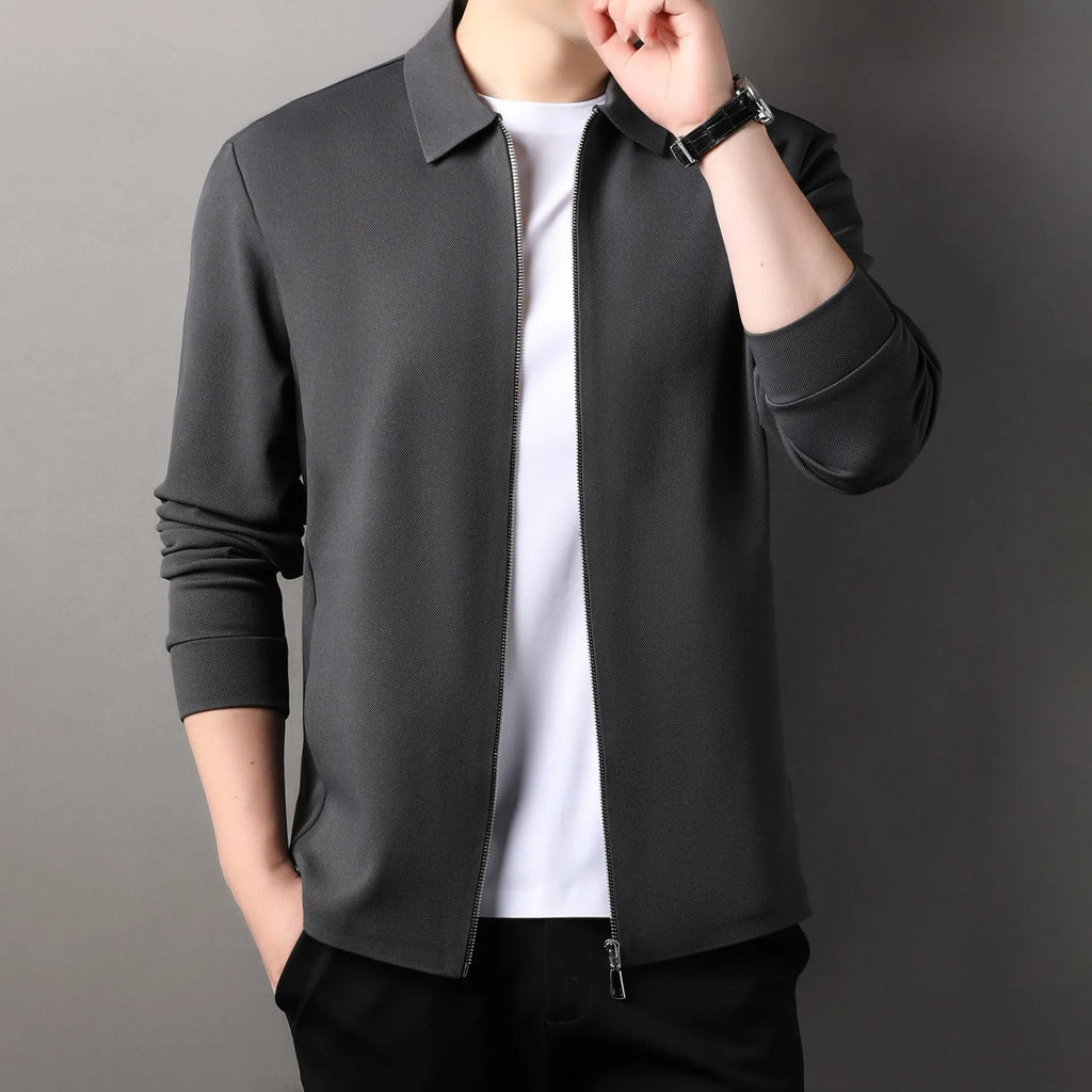 Men's straight-hem polyester jacket in apricot, shown on a hanger.