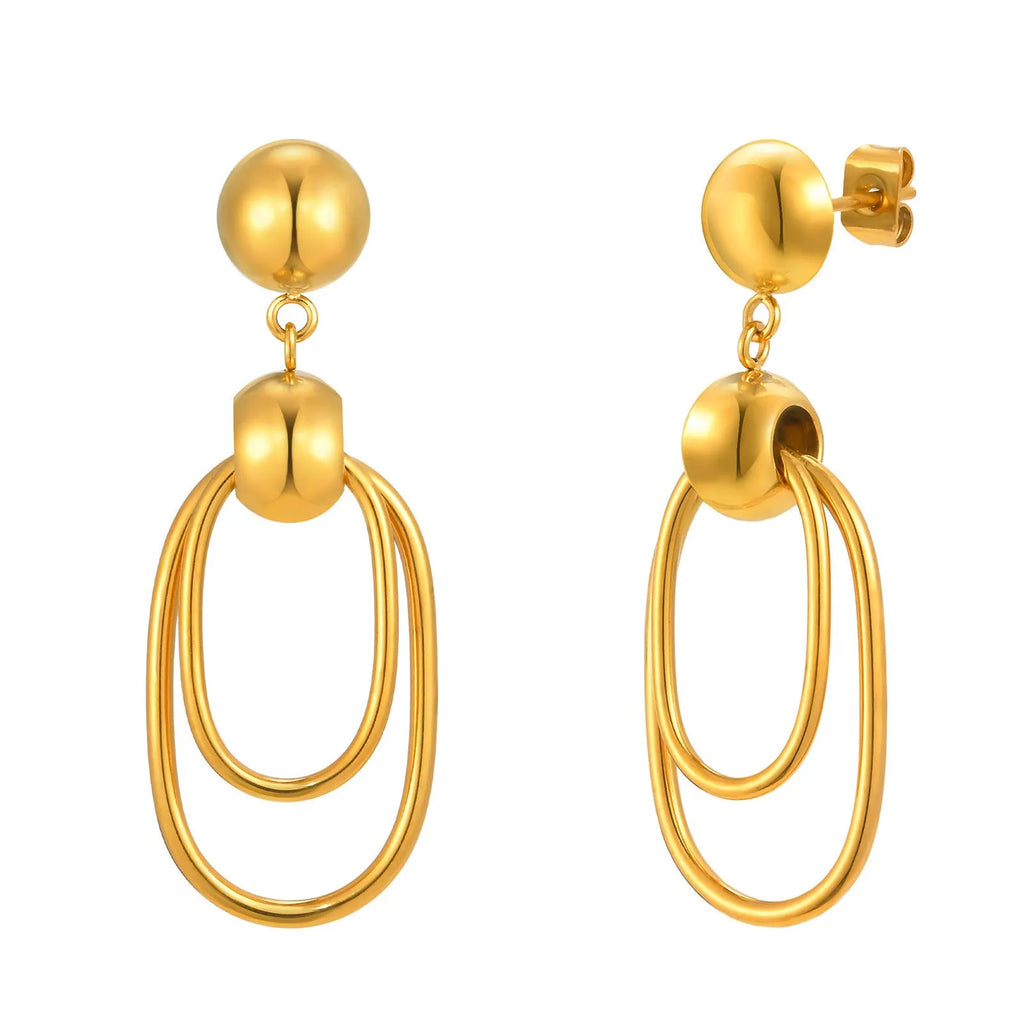 Women's gold stainless steel vintage oval coil round bead earrings pair
