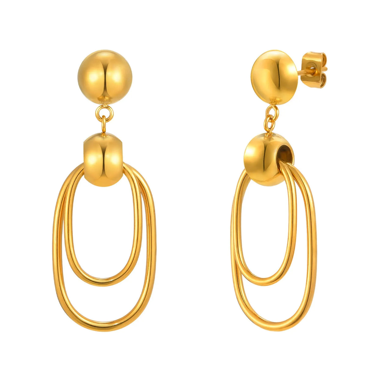 Women's gold stainless steel vintage oval coil round bead earrings pair