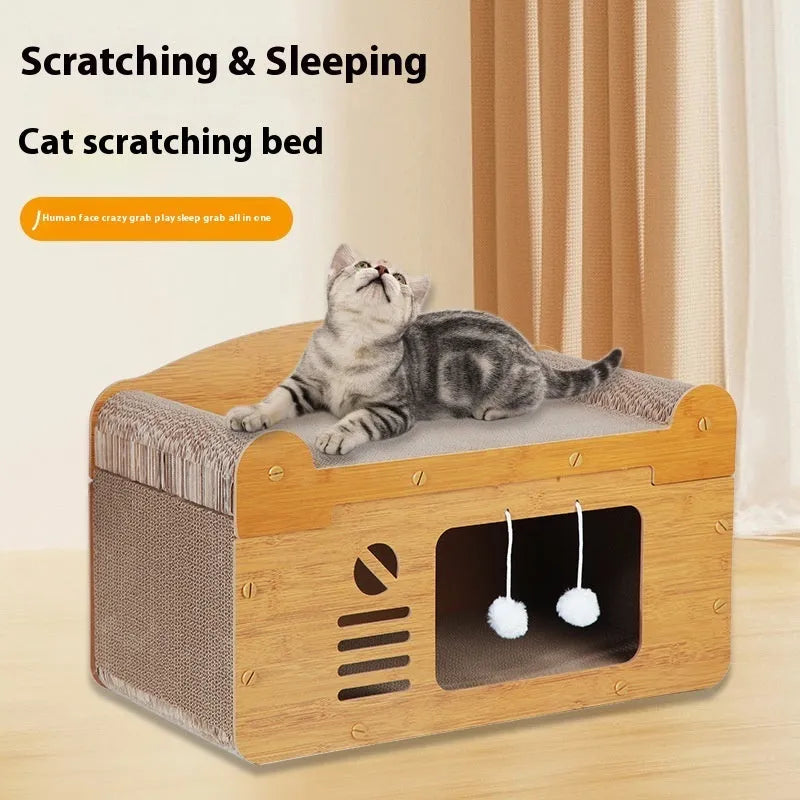 Corrugated paper double-layer cat house with double ball doors for indoor feline enrichment