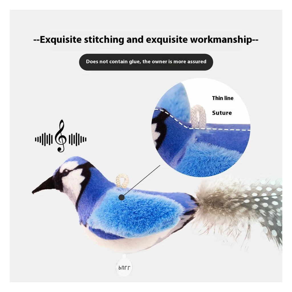 Colourful bird simulation cat plush toy with flapping wings in blue kingfisher design