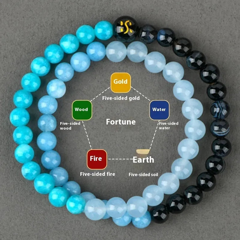 Handmade women's crystal double ring bracelet in five elements colours on a wrist.