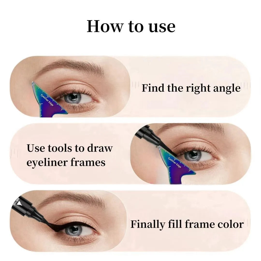 3-in-1 reusable eyeliner stencil tool for hooded eyes showing winged eyeliner, eyebrow, and contour templates