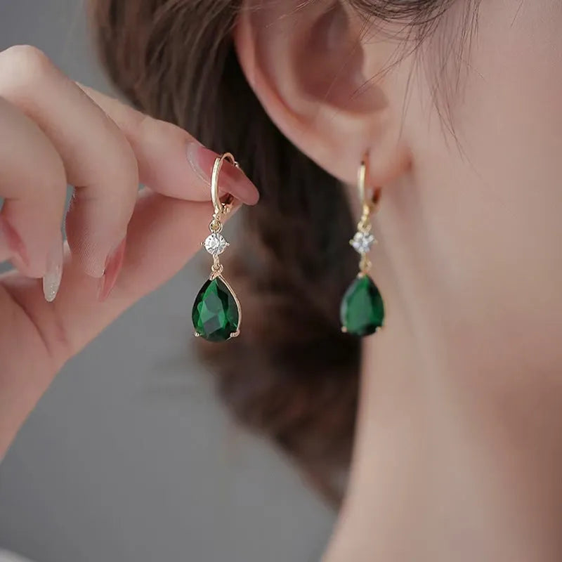 Green geometric teardrop earrings in alloy metal with drop-down design