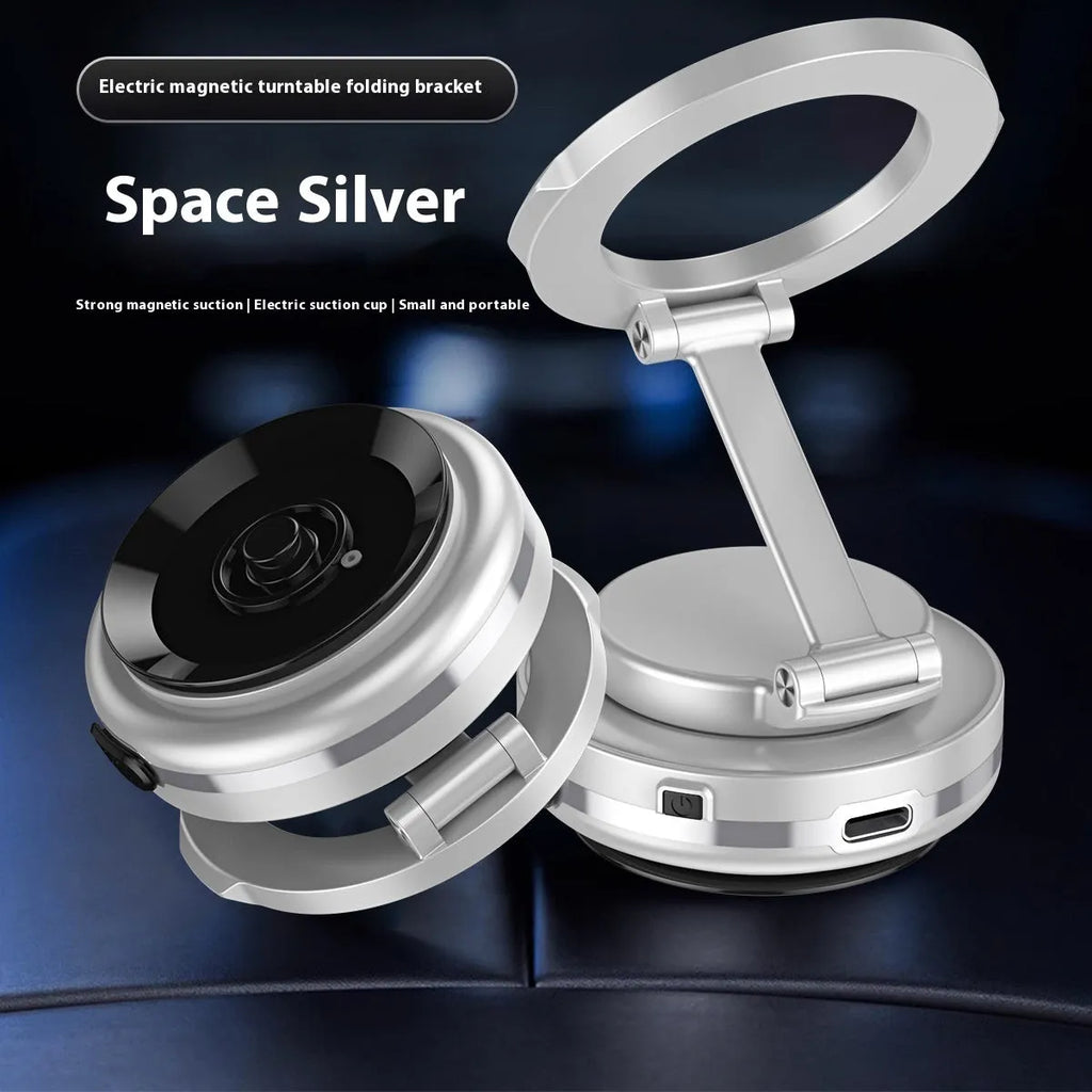 Vacuum adsorption car phone holder in Deep Space Gray with electric magnetic rotating folding stand for smartphones over 4.7 inches