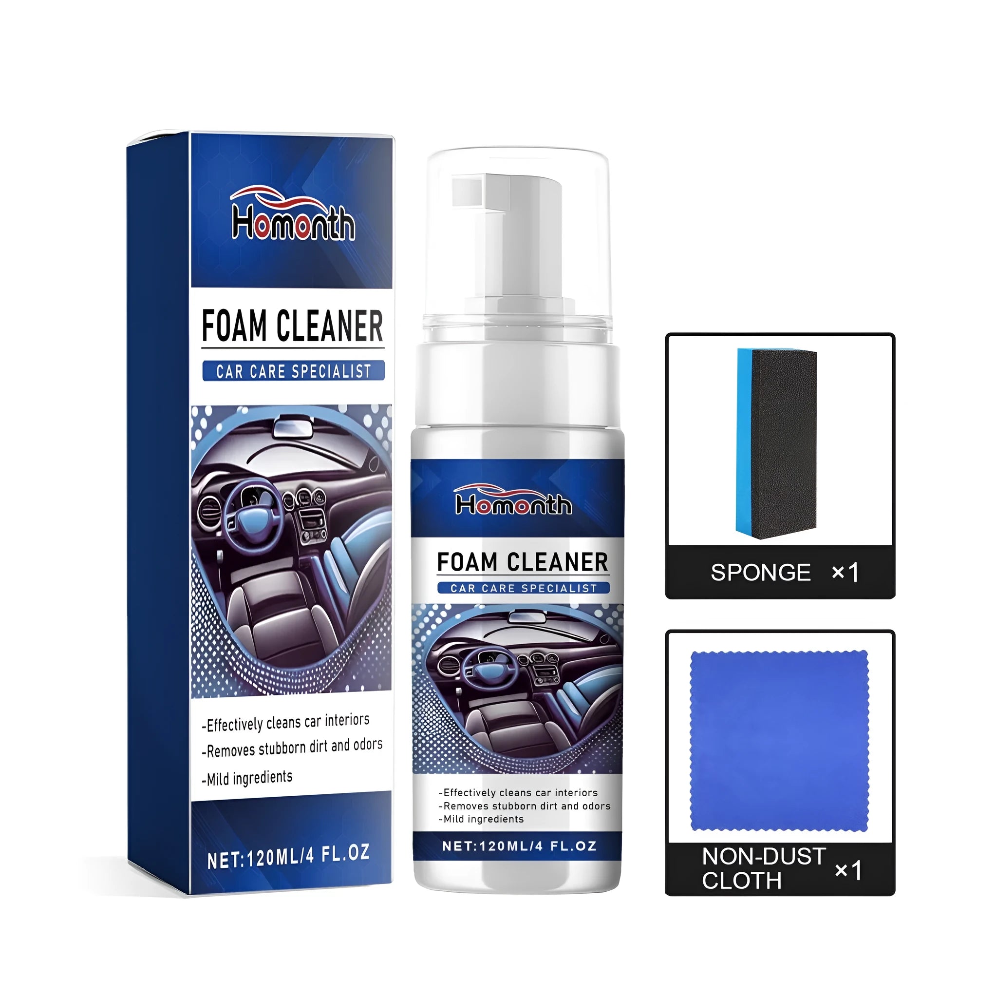 Fast Car Interior Cleaner kit with 120ml bottle, microfibre cloth, and sponge.