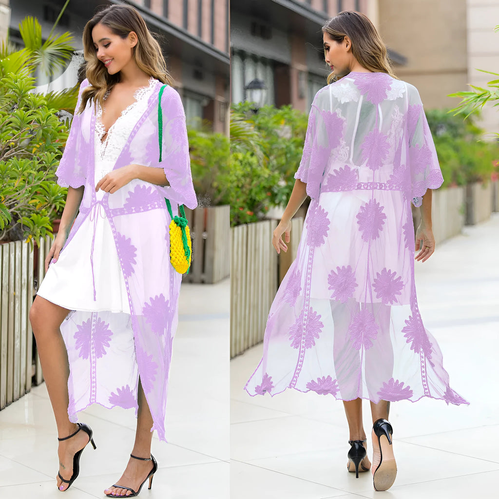 Light purple lace embroidery beach cardigan for women, designed for swimming and wading.