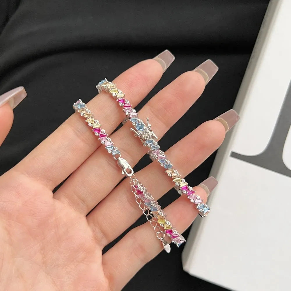 Silver geometric zircon bracelet for women with U-shaped diamond and multi-shape accents, 16-18cm length