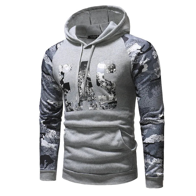 Mens long sleeve camouflage print hooded sweatshirt in polyester fibre, black colour, front view