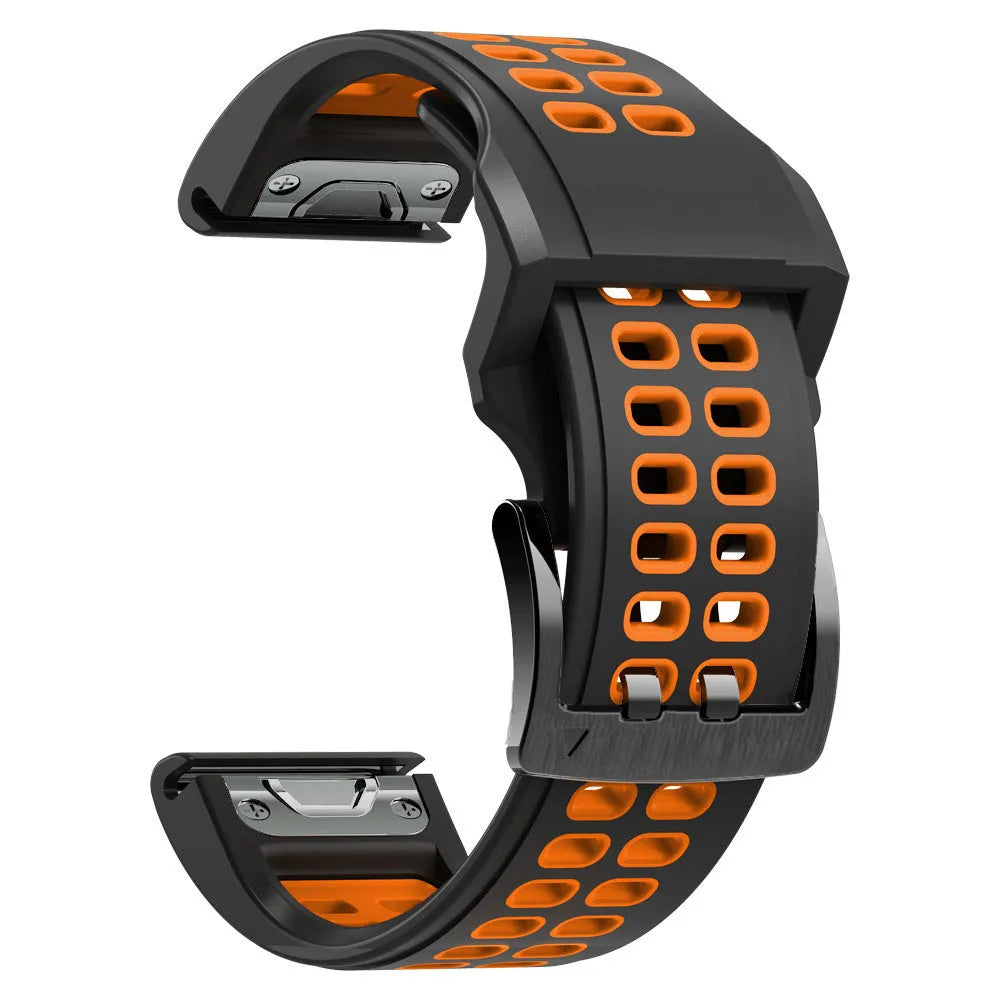 Two-colour quick-release silicone watch strap in black and lime green with pin buckle clasp.