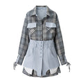 Women's loose plaid shirt and short skirt two-piece set in solid colour with button front and long sleeves, intellectual style, polyester blend fabric.