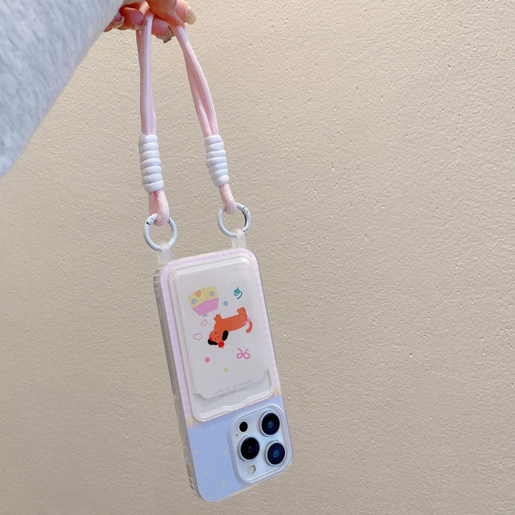 Cartoon lanyard phone case with card holder in Coconut Puppy colour for iPhone 15