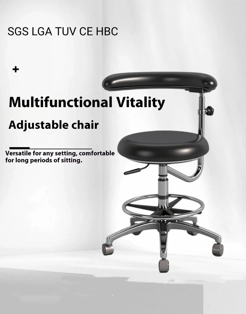 Black leather dental nurse chair with lift mechanism and casters