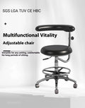 Black leather dental nurse chair with lift mechanism and casters