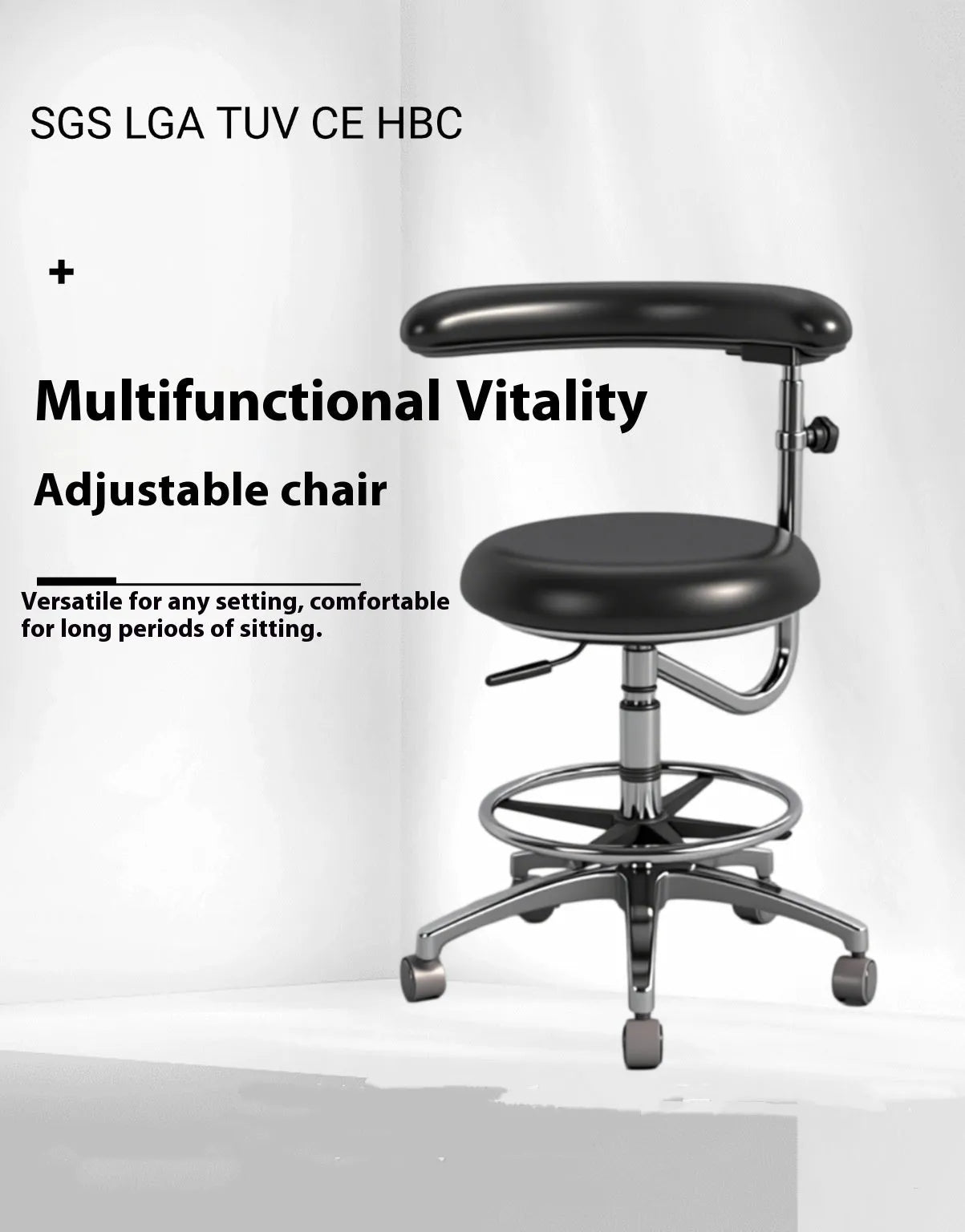 Black leather dental nurse chair with lift mechanism and casters