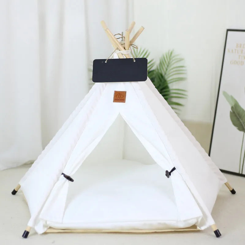 Striped flax linen pet teepee tent with removable cushion for small dogs and cats