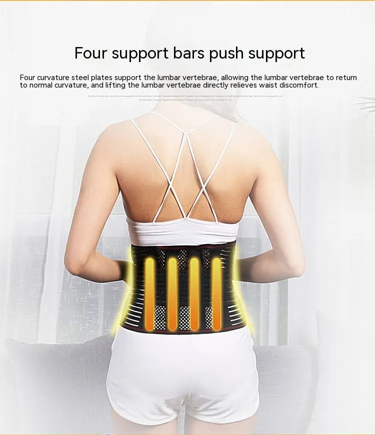 Black sports waist support belt with breathable design and internal steel plate for lumbar protection.