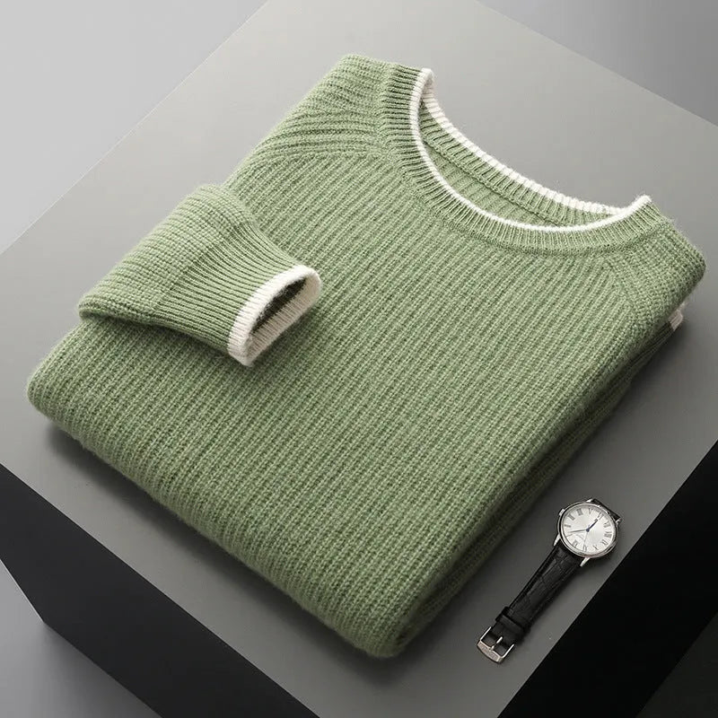Men wool thickened double-strand round neck sweater in camel, long sleeve knit jumper winter wear