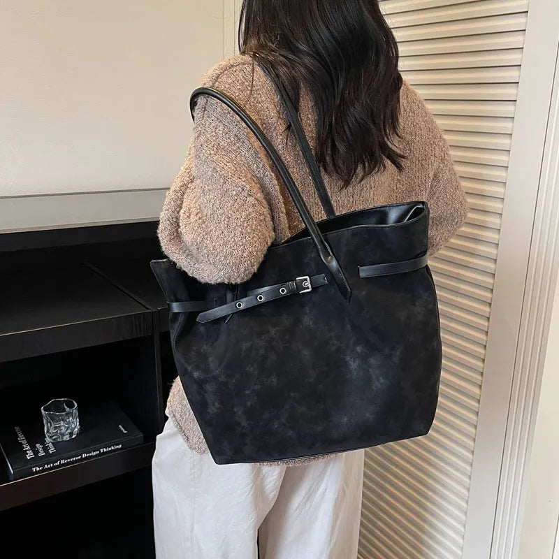 Retro large tote bag for women, deerskin velvet, 46x15x31cm, sandwich pocket, black green brown light brown colours