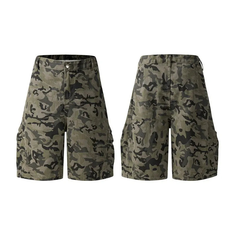Retro washed cotton workwear shorts in loose fit with half elastic waistband