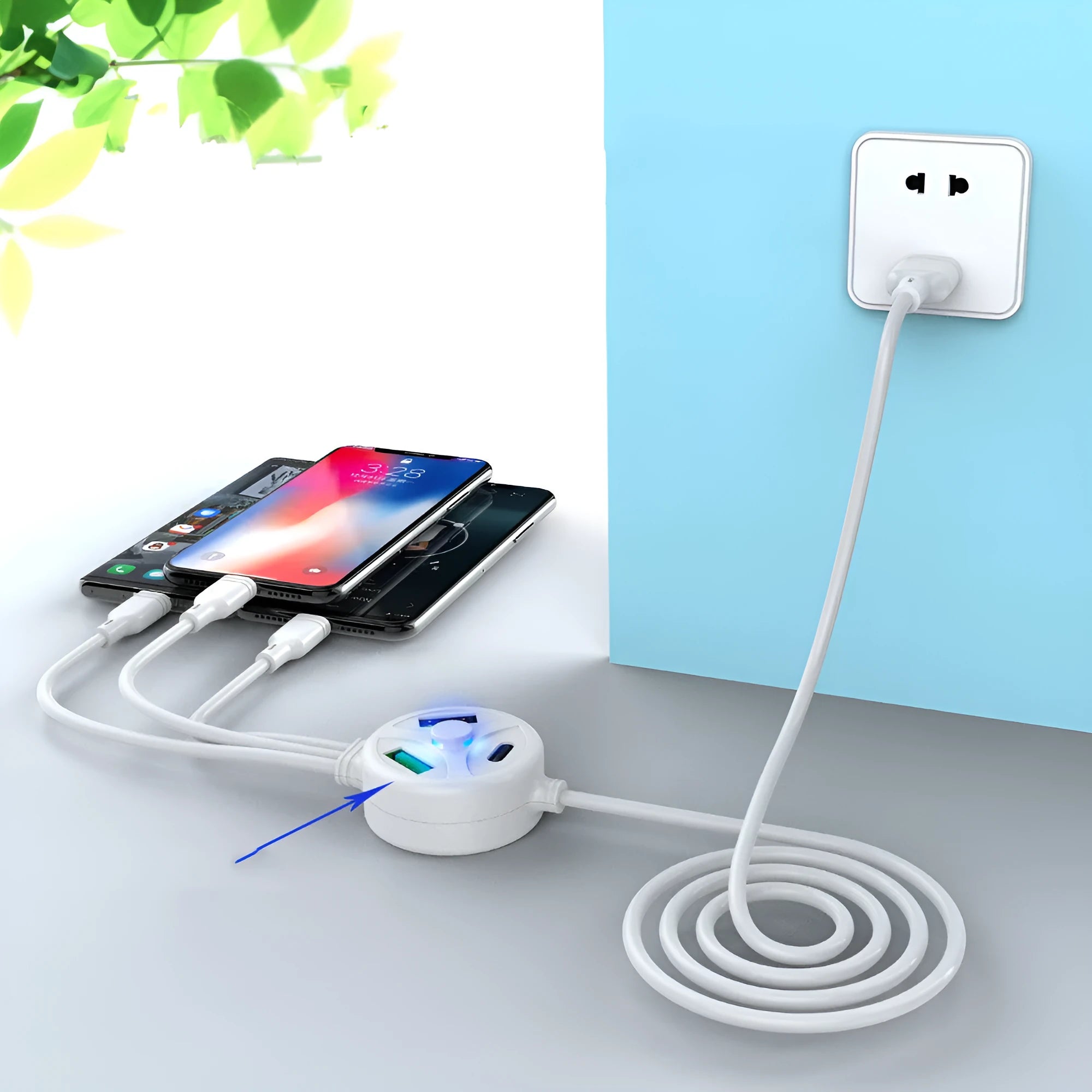 White universal phone charging cable with USB-C, Micro USB, and USB-A connectors on a 1.2m PVC cord.