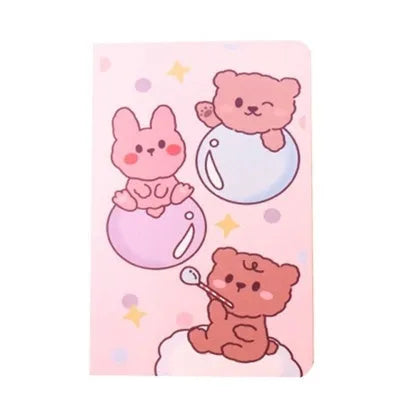 Cartoon A5 notebook with 30 sheets, showing cover design options like Cute Bear and Strawberry Rabbit.