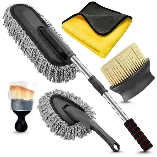 Car dust collector with retractable handle and five microfiber dusting brushes for car and home cleaning