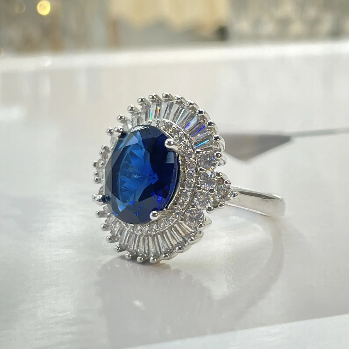 Sea blue heart square full diamond crown ring with white gold electroplated finish on copper base